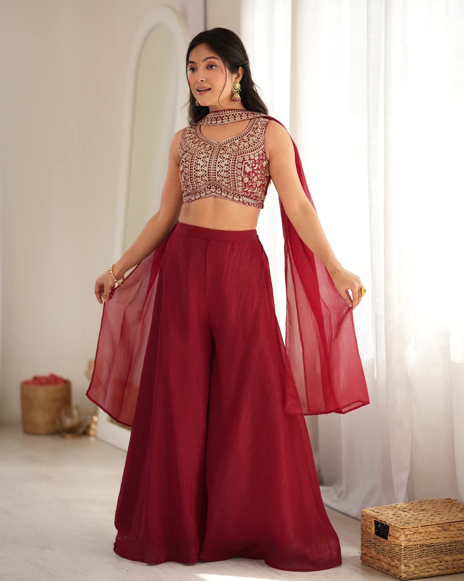 Premium Pure Blooming Vichitra Silk Anarkali Gown with Pant & Dupatta – Heavy Embroidery & Mirror Work