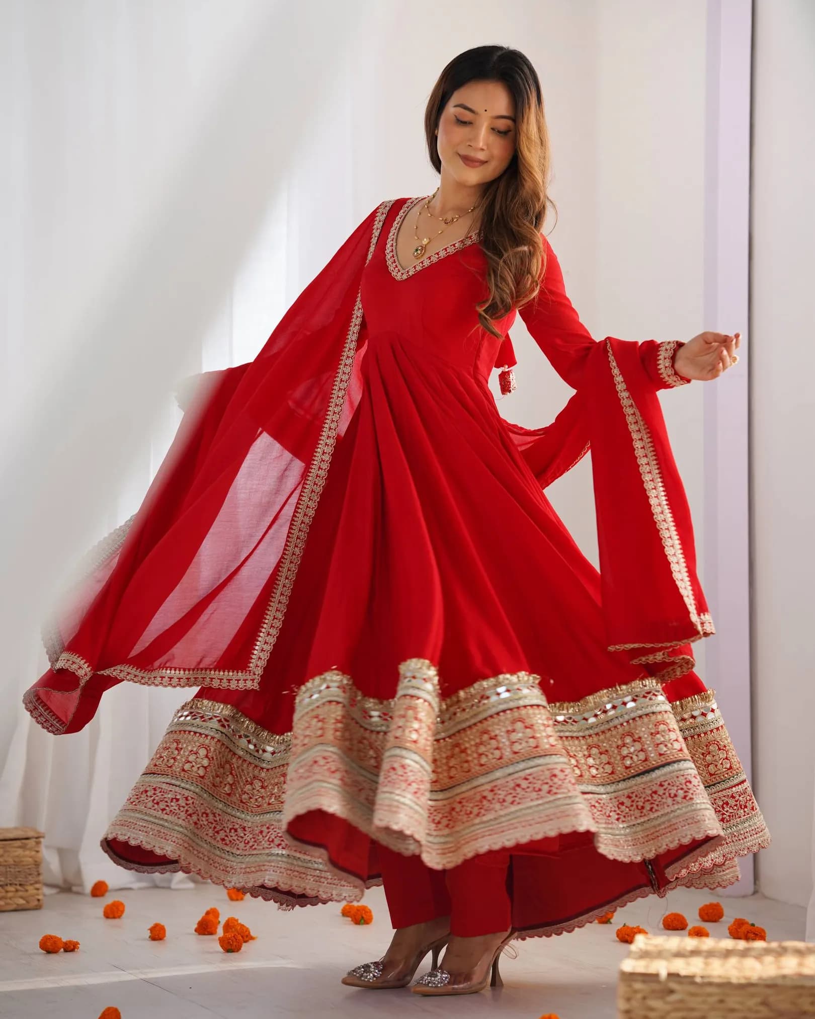 Premium Pure Roman Silk 16-Kali Anarkali Gown with Tabby Organza Dupatta & Chanderi Pant