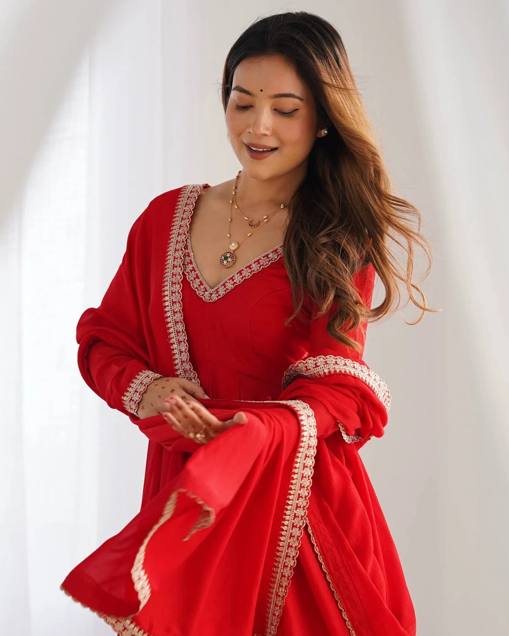 Premium Pure Roman Silk 16-Kali Anarkali Gown with Tabby Organza Dupatta & Chanderi Pant alternate view
