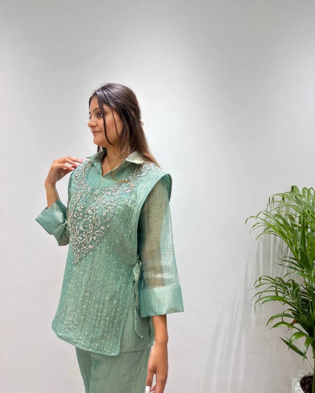 Designer Salsa Silk Shirt, Pant & Hand-Embroidered Shrug Set alternate view
