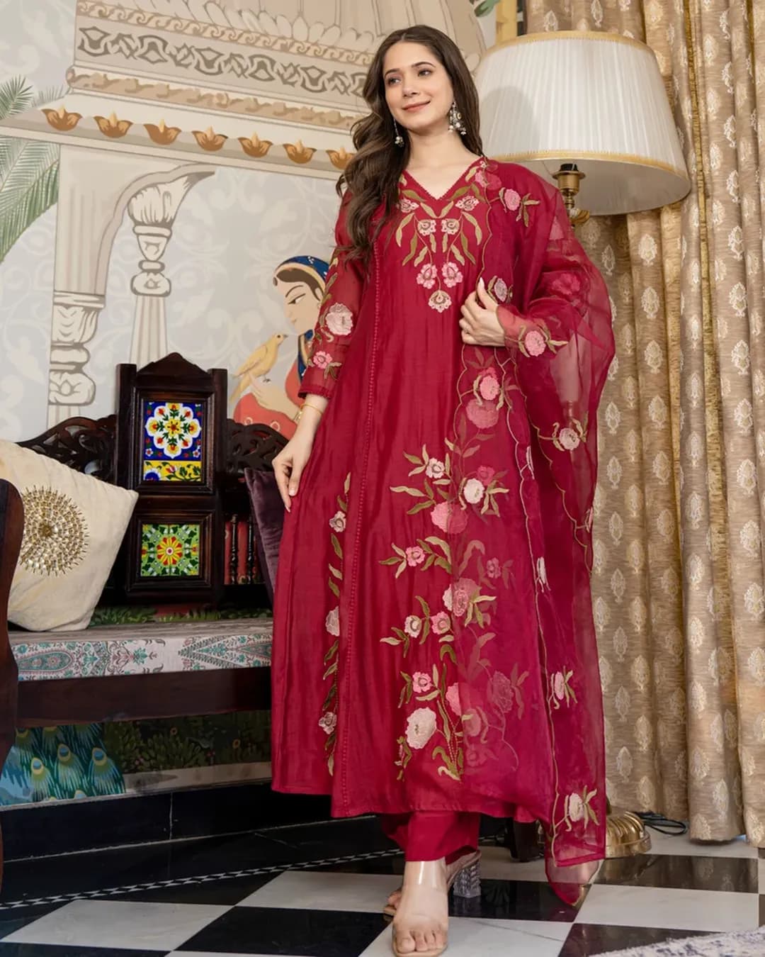 Premium Pure Mul Chanderi Embroidered Suit Set