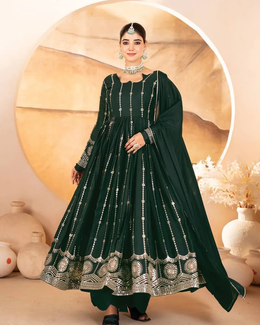 Premium Ready-Made Star Georgette Anarkali Suit Set – Dark Green