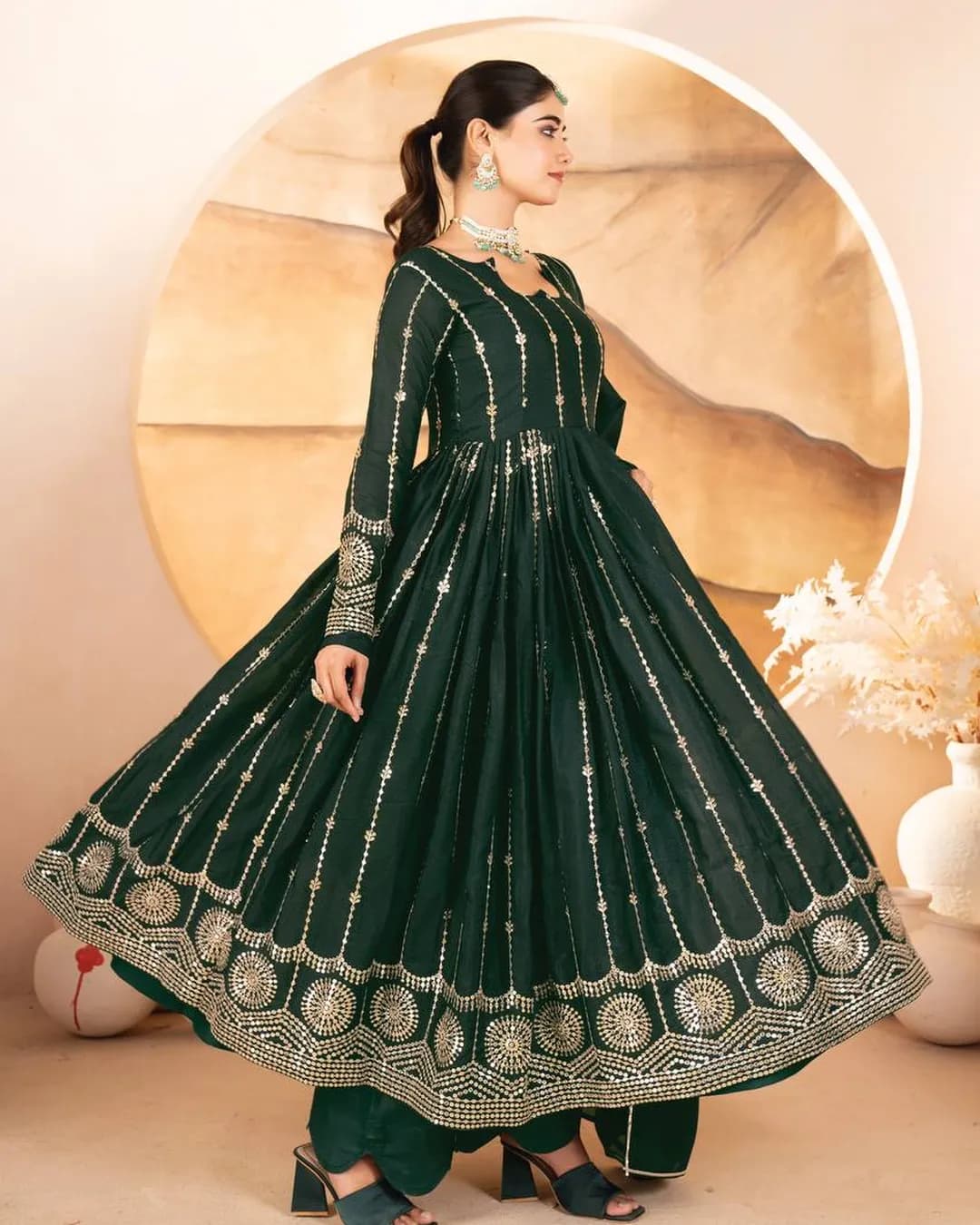 Premium Ready-Made Star Georgette Anarkali Suit Set – Dark Green alternate view