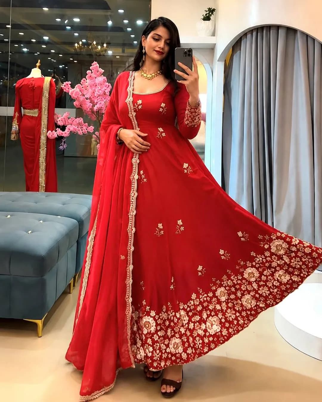 Premium Fendy Silk Embroidered Gown, Pant & Dupatta Set alternate view