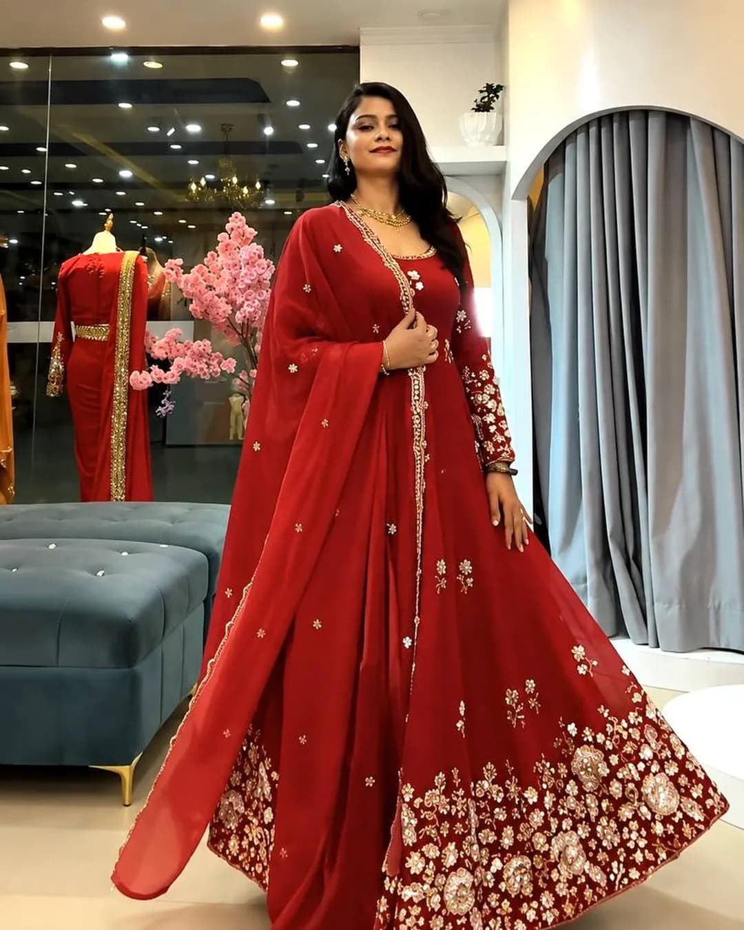 Premium Fendy Silk Embroidered Gown, Pant & Dupatta Set