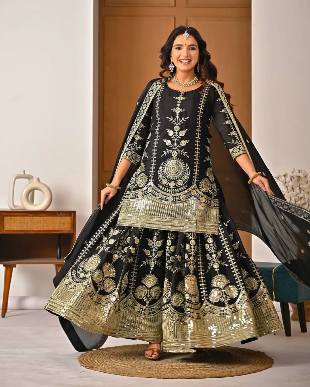 Premium Vichitra Silk Embroidered Top, Sharara & Dupatta Set alternate view