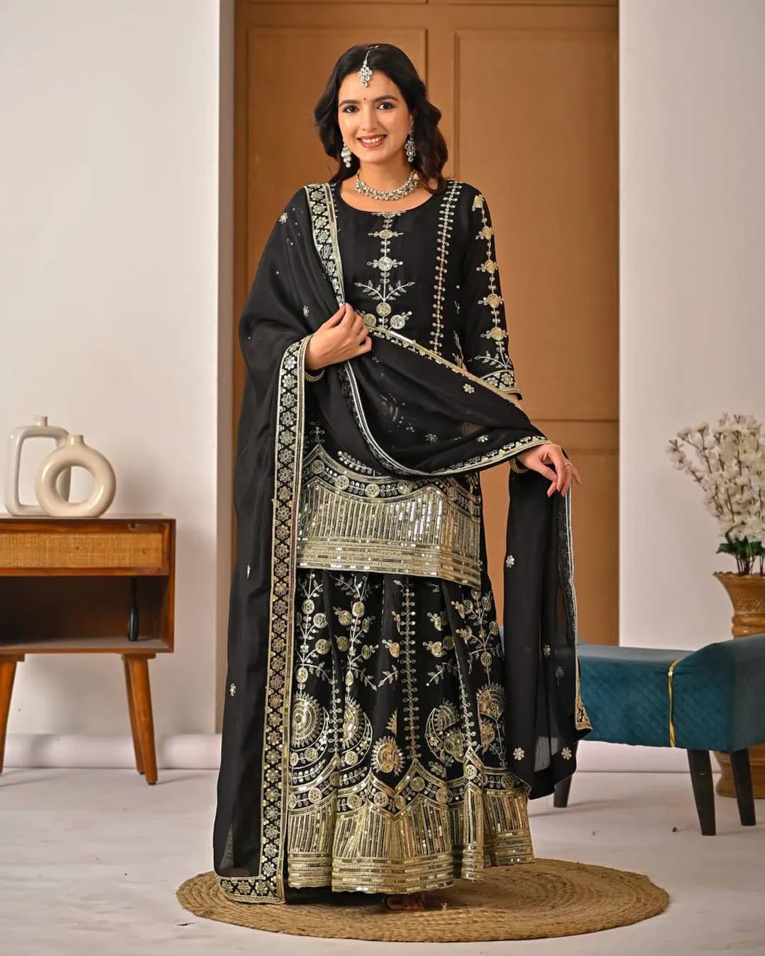 Premium Vichitra Silk Embroidered Top, Sharara & Dupatta Set