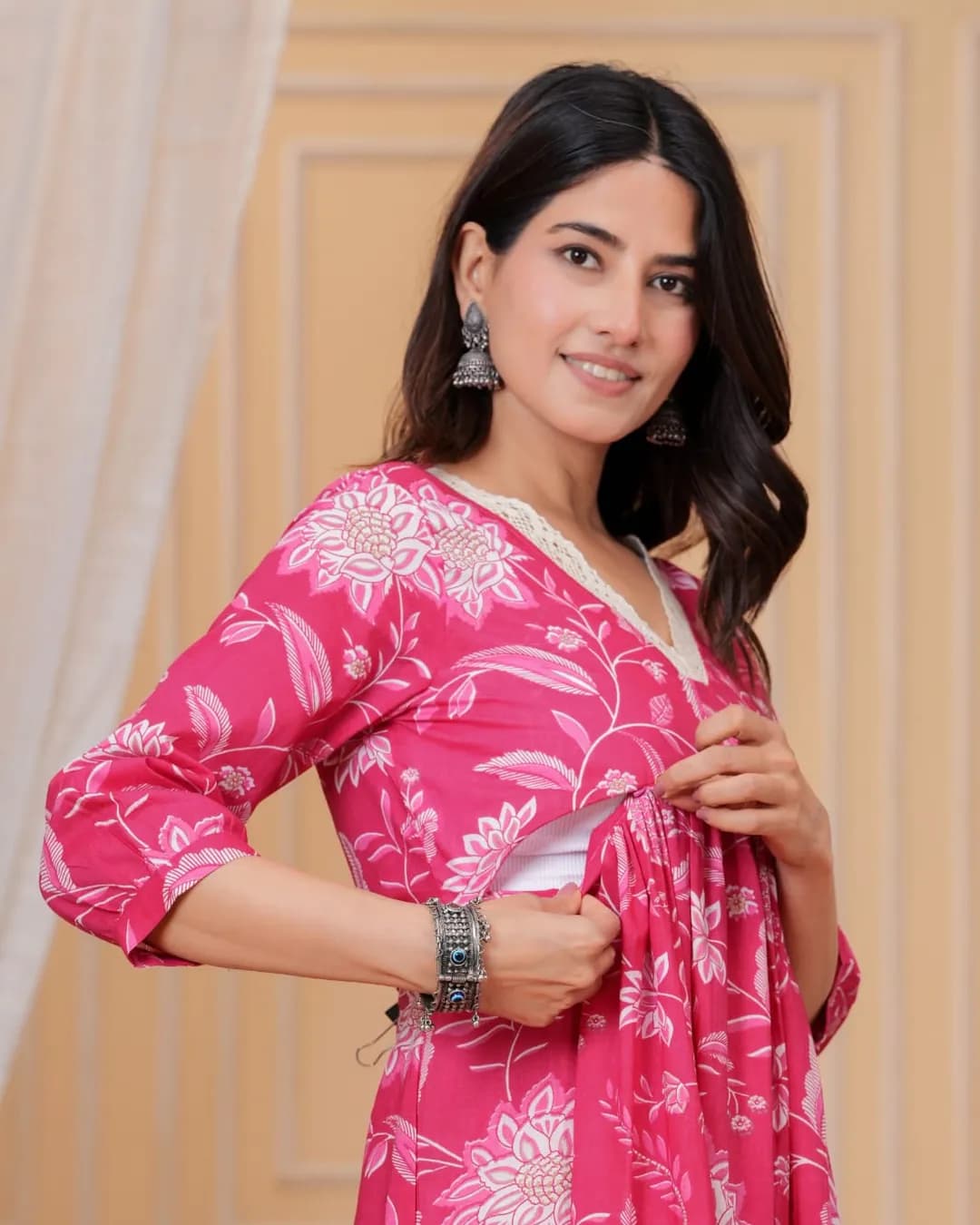 Maternity & Feeding Cotton Sanganeri Print Gown alternate view