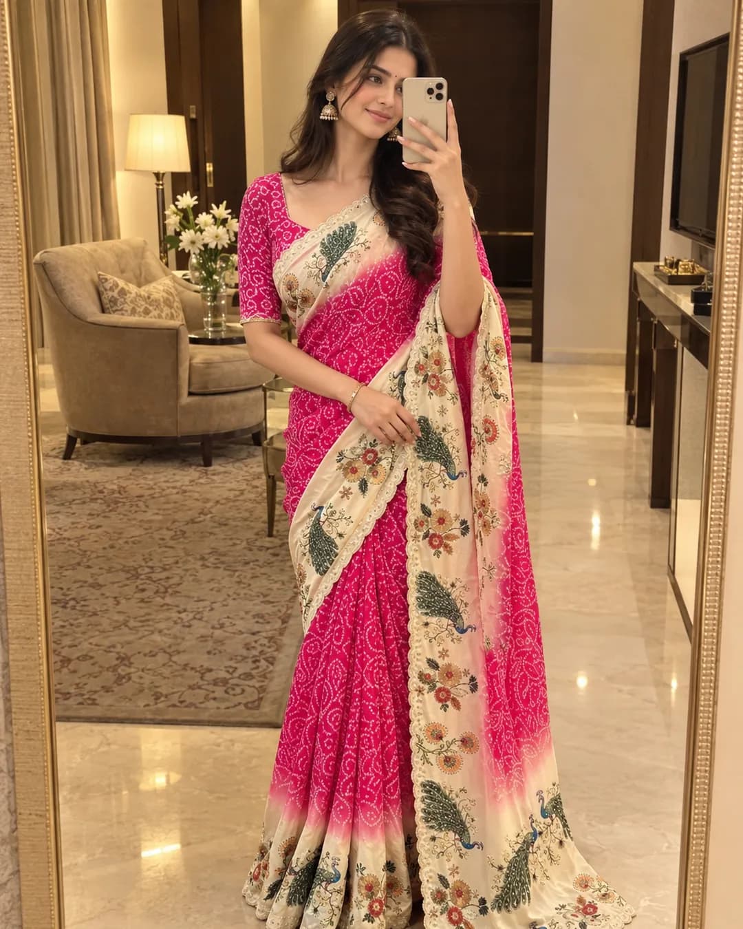 Premium Chinon Silk Peacock Digital Print Saree with Heavy Sarowski Multicolour Diamond Work ✨🦚 alternate view