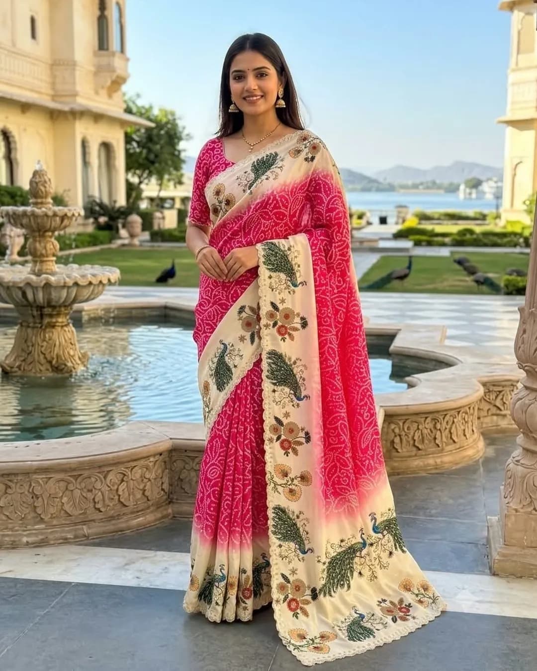 Premium Chinon Silk Peacock Digital Print Saree with Heavy Sarowski Multicolour Diamond Work ✨🦚