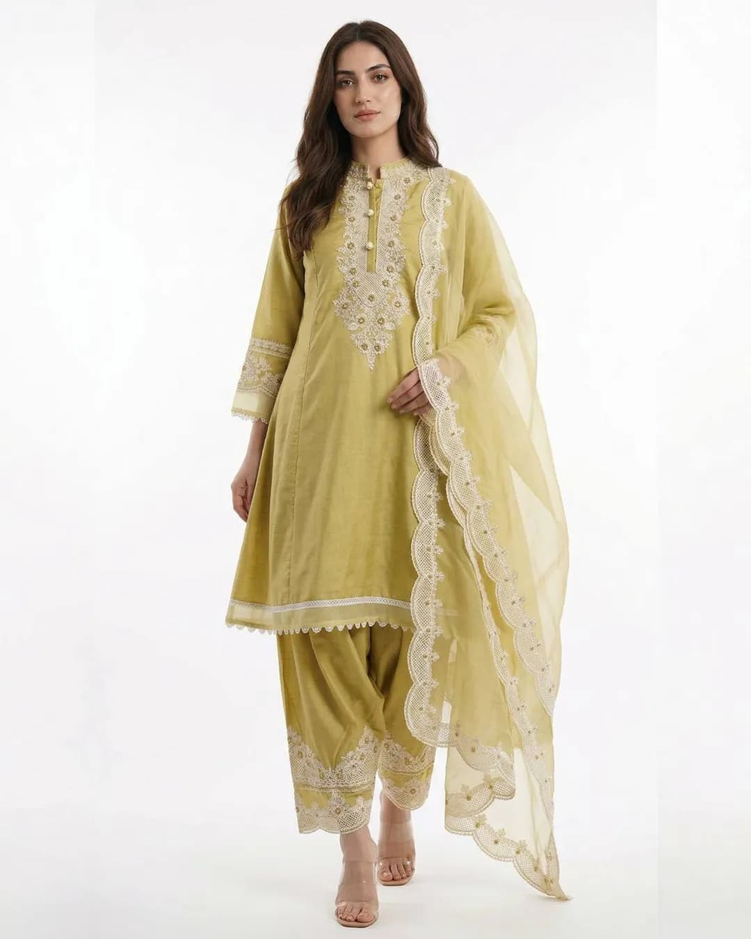 Designer Roman Silk Embroidered Top, Salwar & Dupatta Set