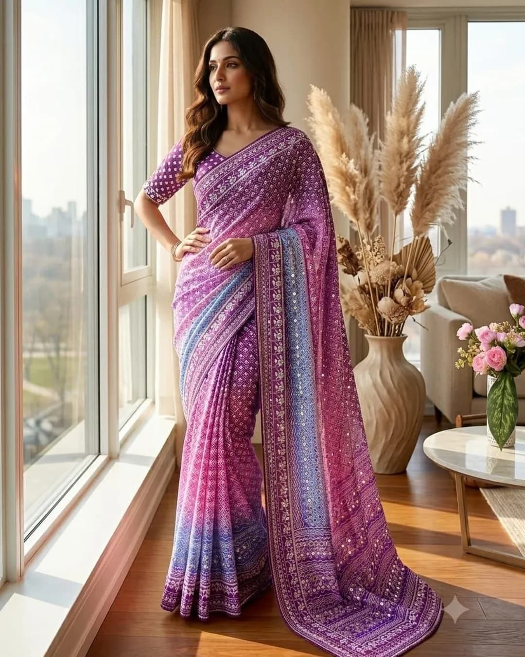 Premium Soft Chinon Silk Digital Print Mirror Work Saree