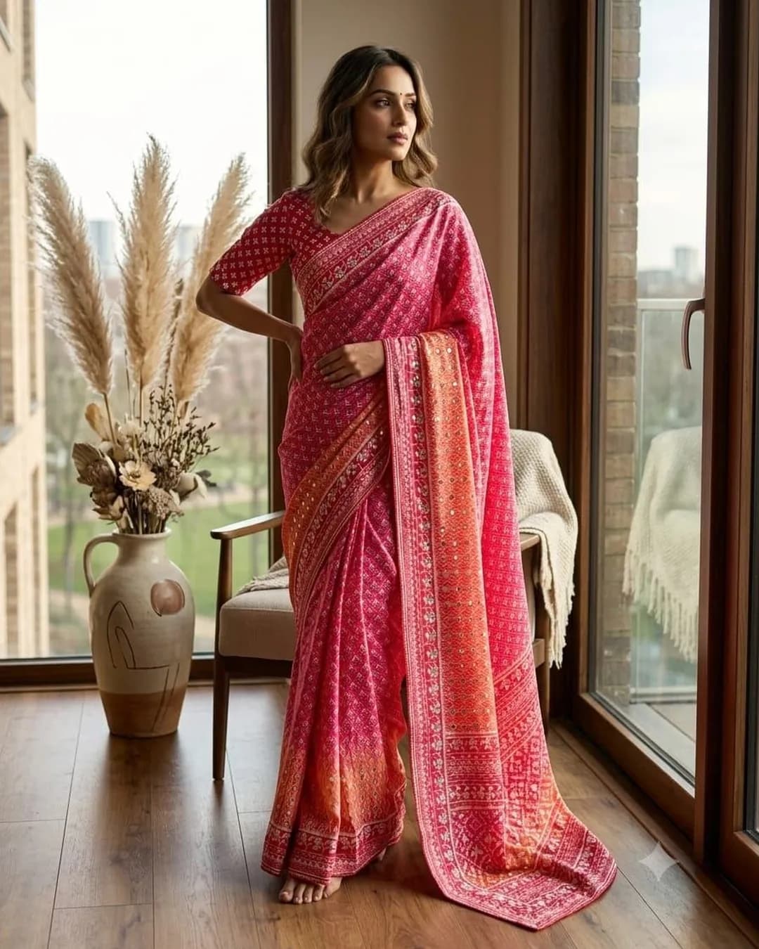 Premium Soft Chinon Silk Digital Print Mirror Work Saree alternate view