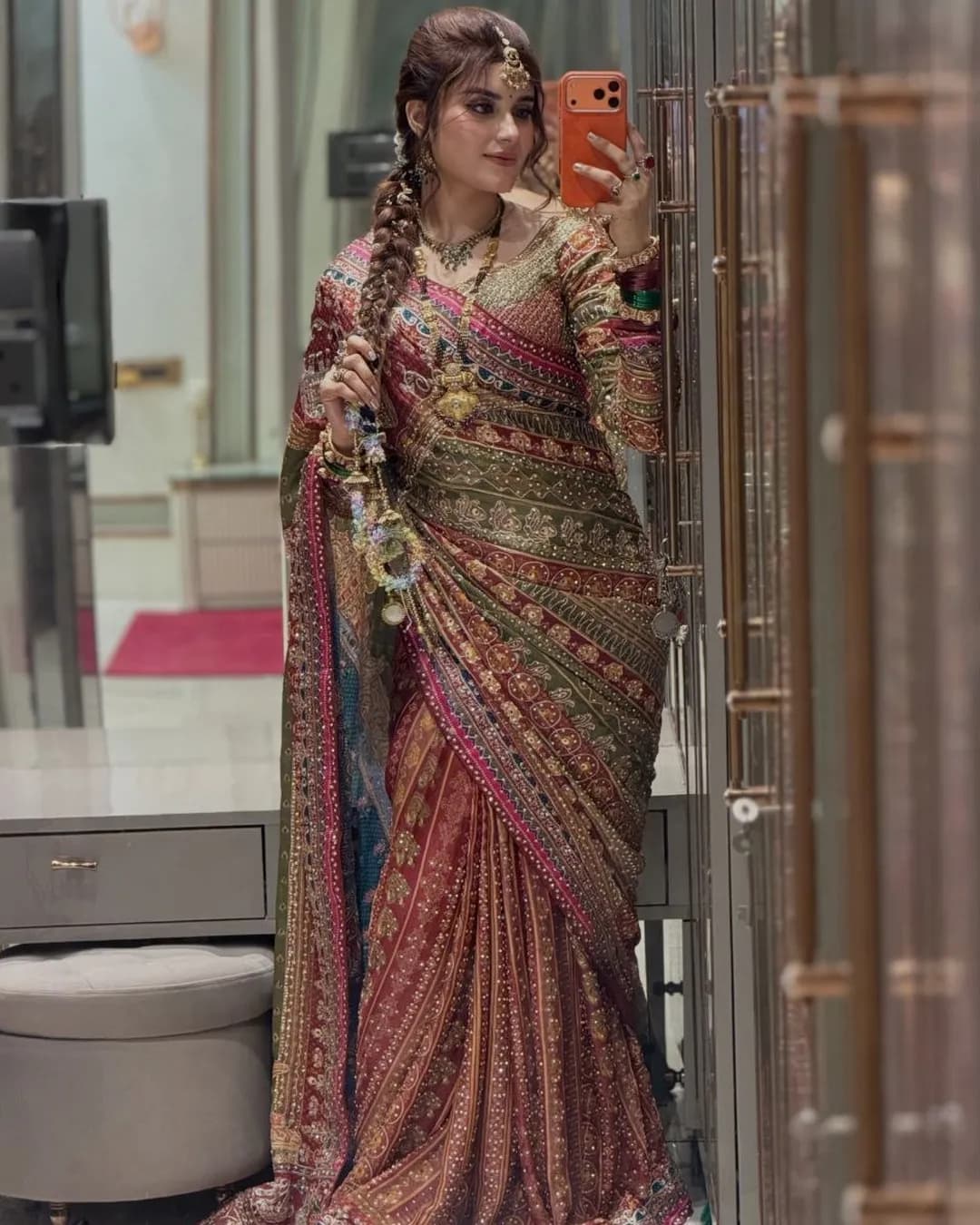 Japan Satin Print Real Mirror Work Saree