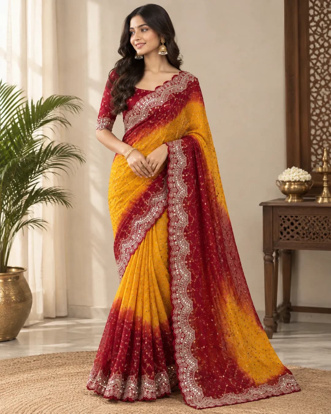 Premium Soft Viscose Georgette Checks & Cutwork Saree