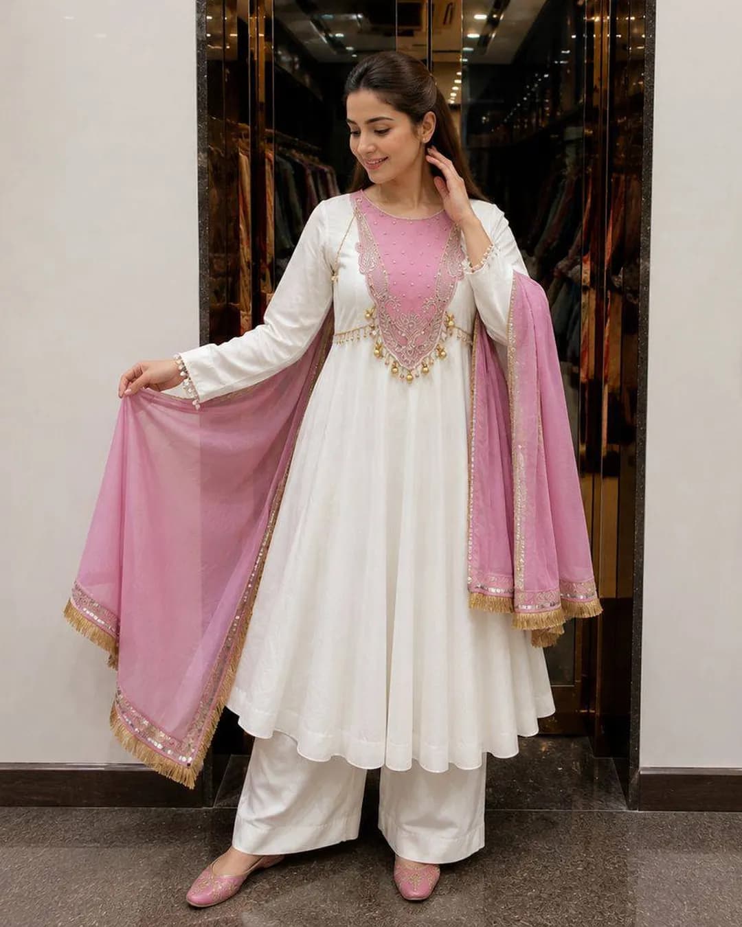 Designer Heavy Roman Glass Silk Anarkali Suit Set