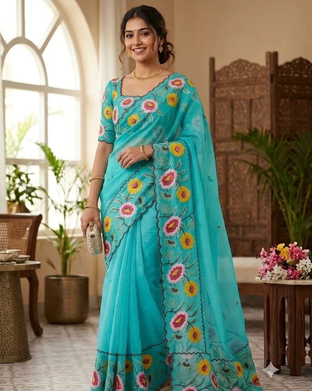 New Bollywood Trending Design – Crunchy Chiffon Embroidered Saree