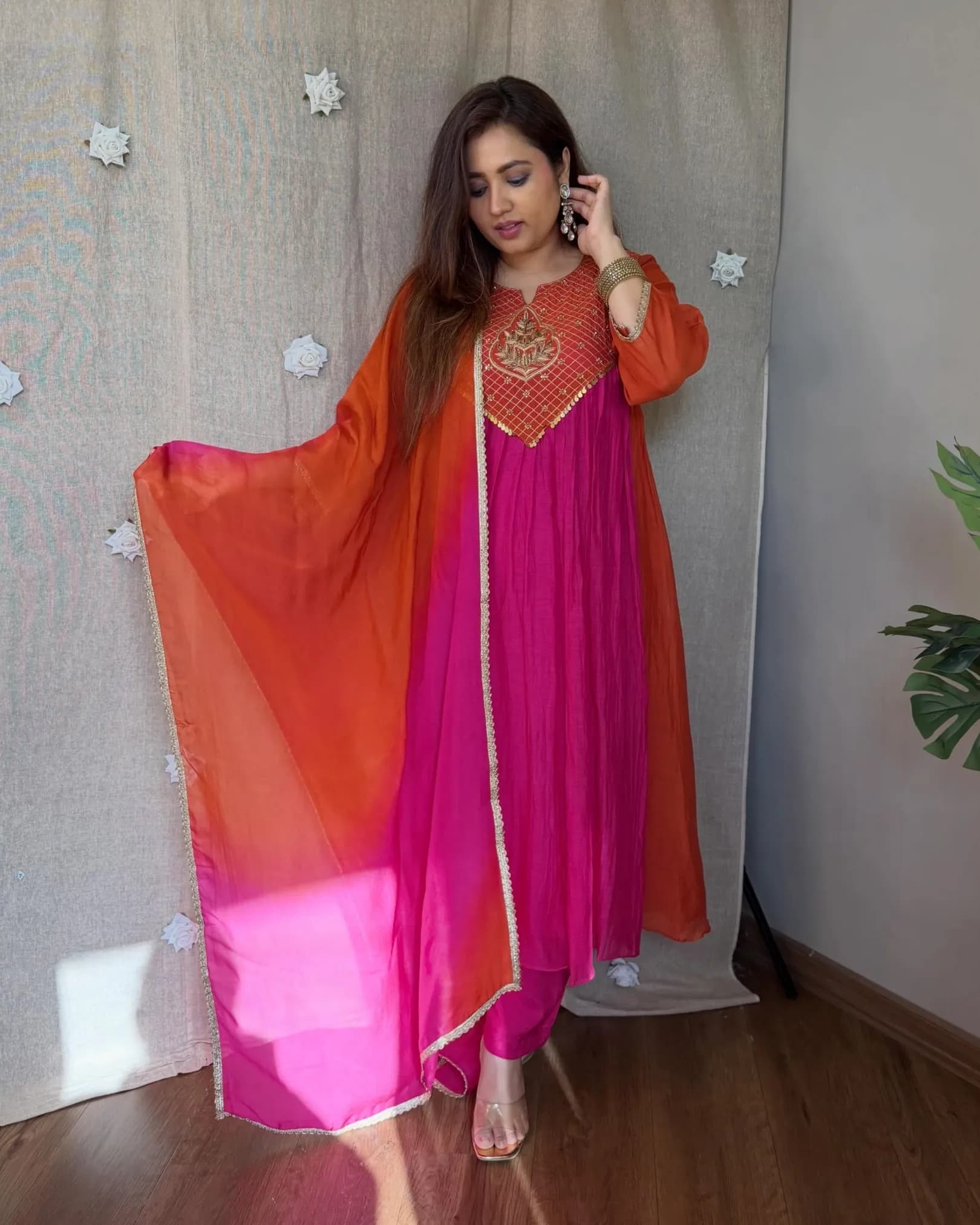 Premium Festive Pure Mal Chanderi Handwork Anarkali Set