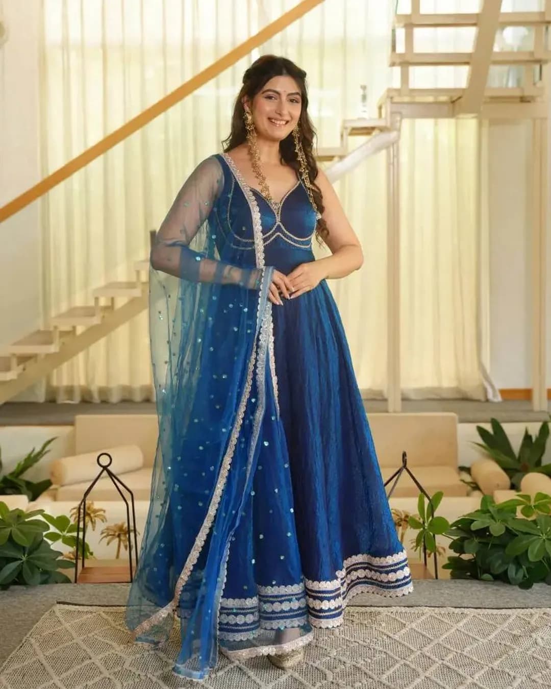 Designer Fendy Silk Gown, Pant & Dupatta Set