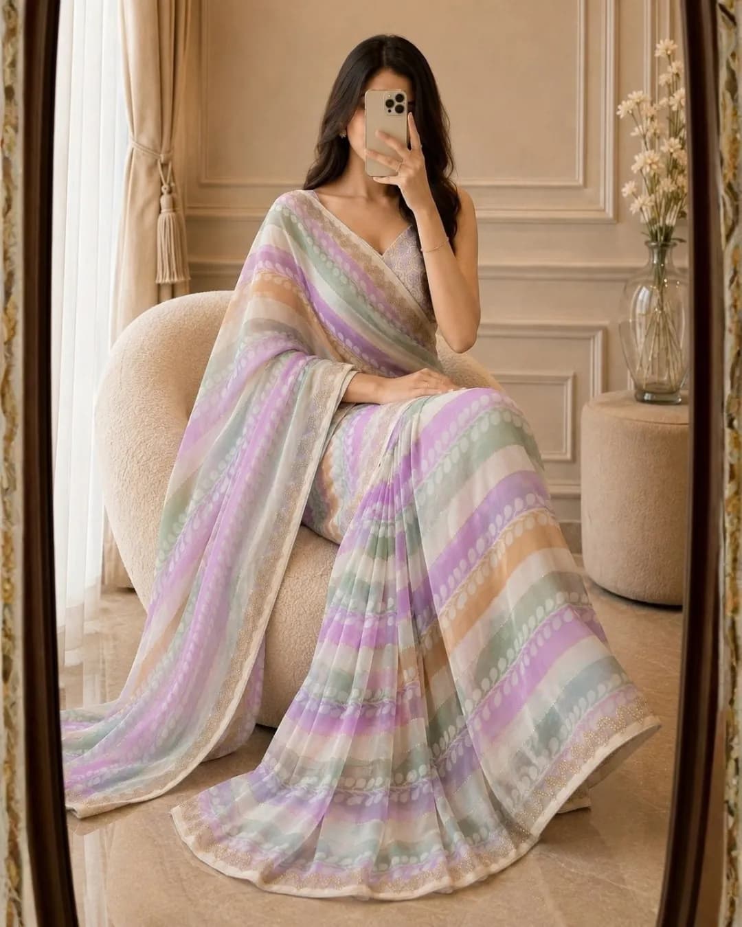 Premium Fendy Satin Silk Sarowski Diamond Mirror Work Saree alternate view