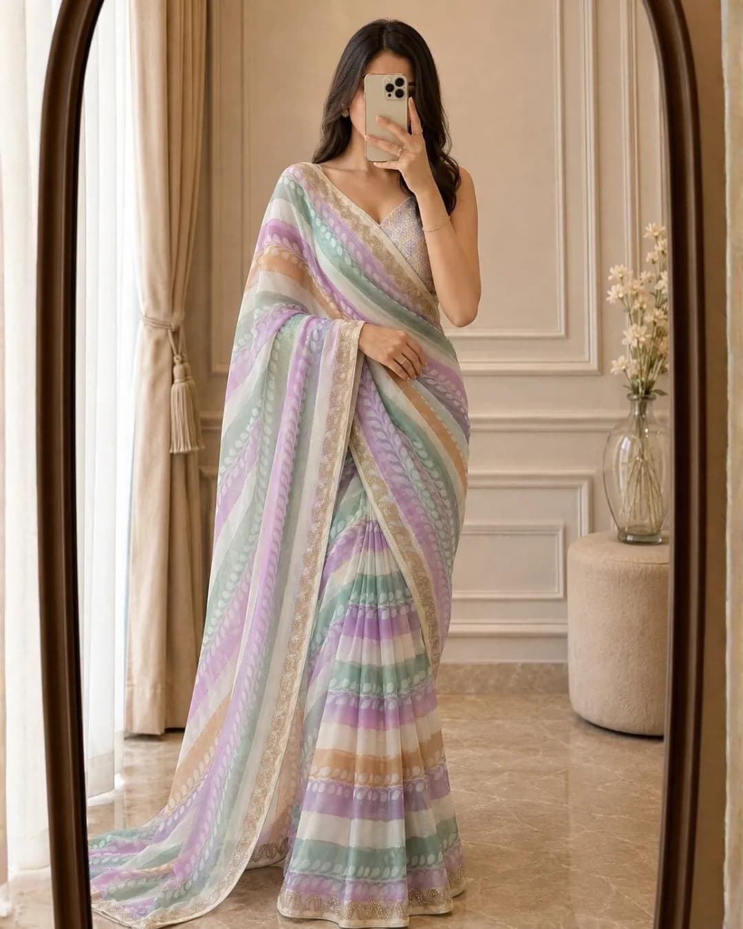 Premium Fendy Satin Silk Sarowski Diamond Mirror Work Saree