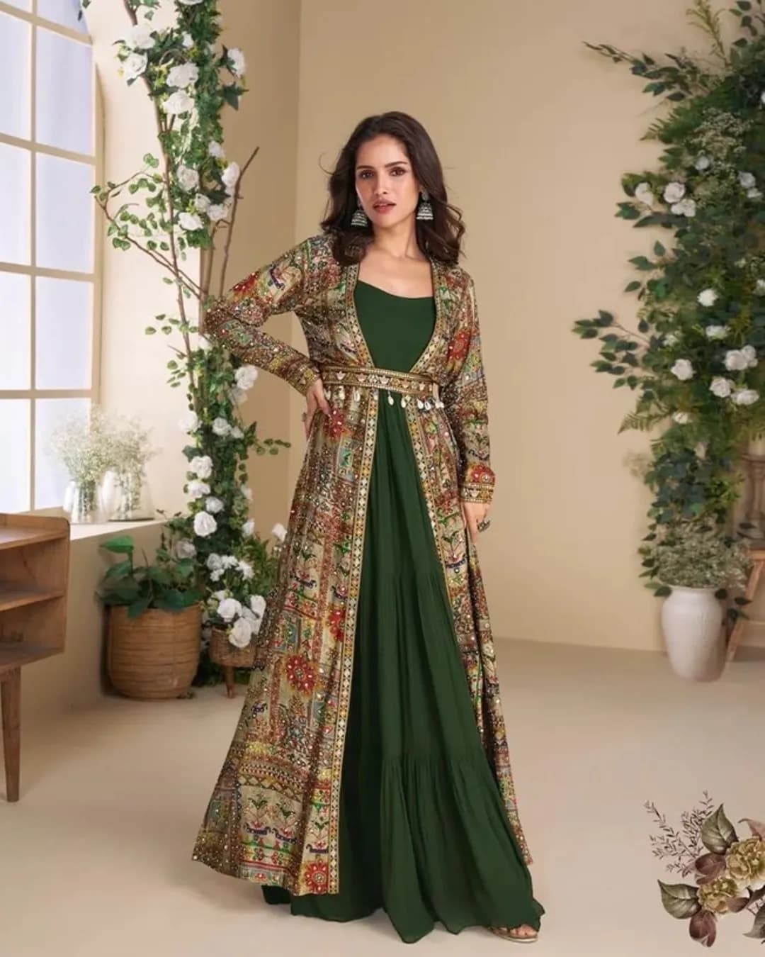 Designer Georgette Gown with Hand-Embroidered Silk Shrug (2-Piece Set)