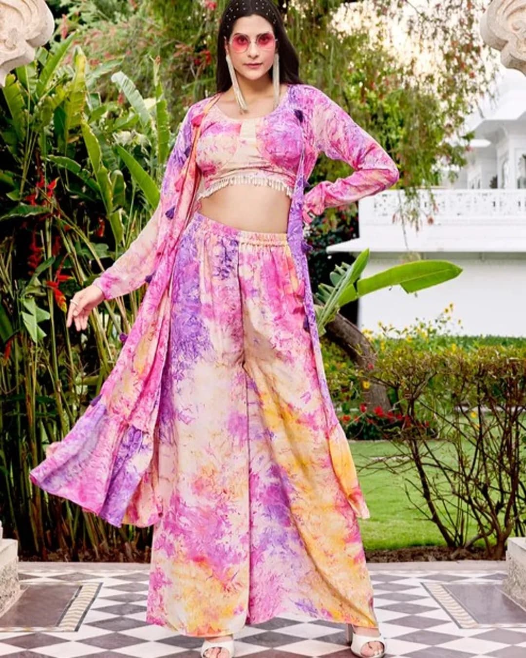 Purple Silk Printed Koti Choli Palazzo Set