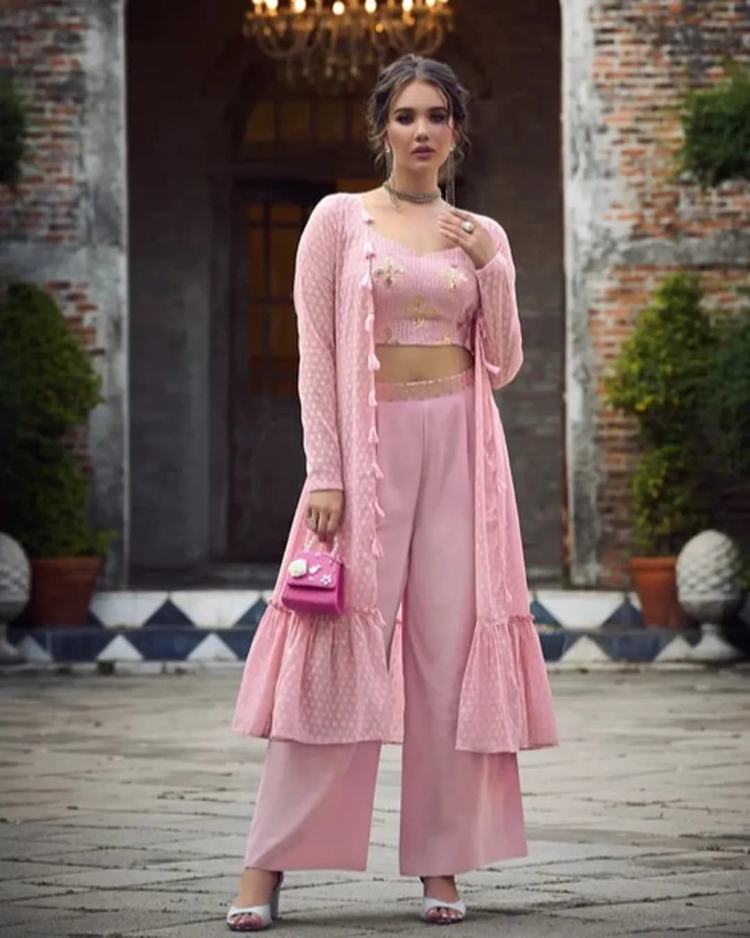 Dusty Pink Weaving Georgette Palazzo Choli Set