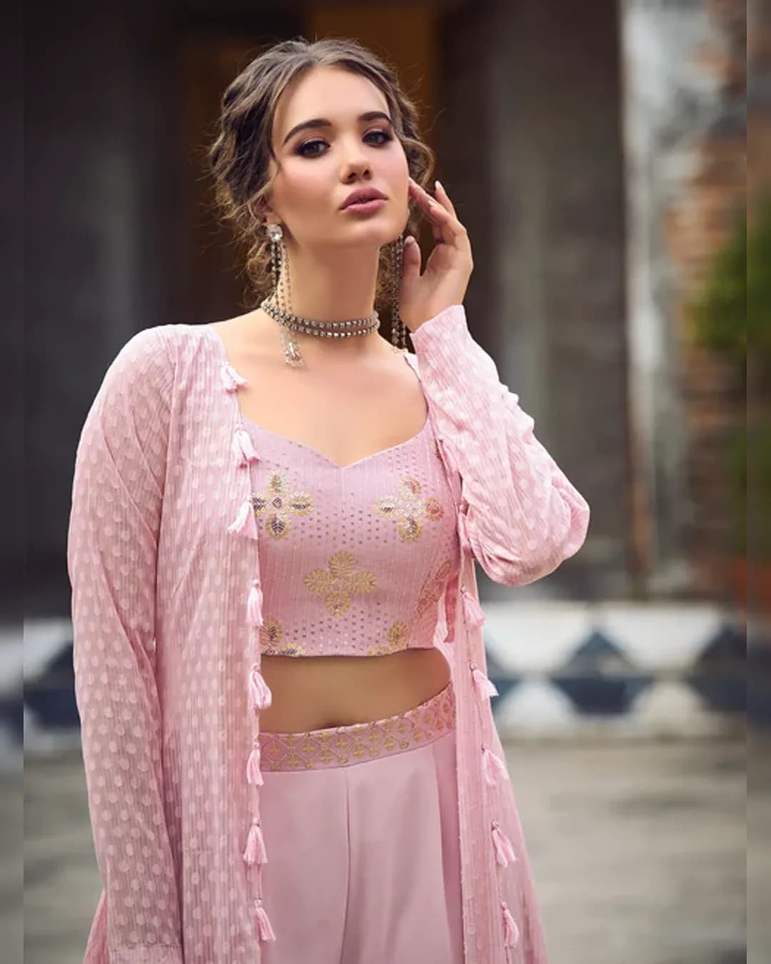 Dusty Pink Weaving Georgette Palazzo Choli Set alternate view