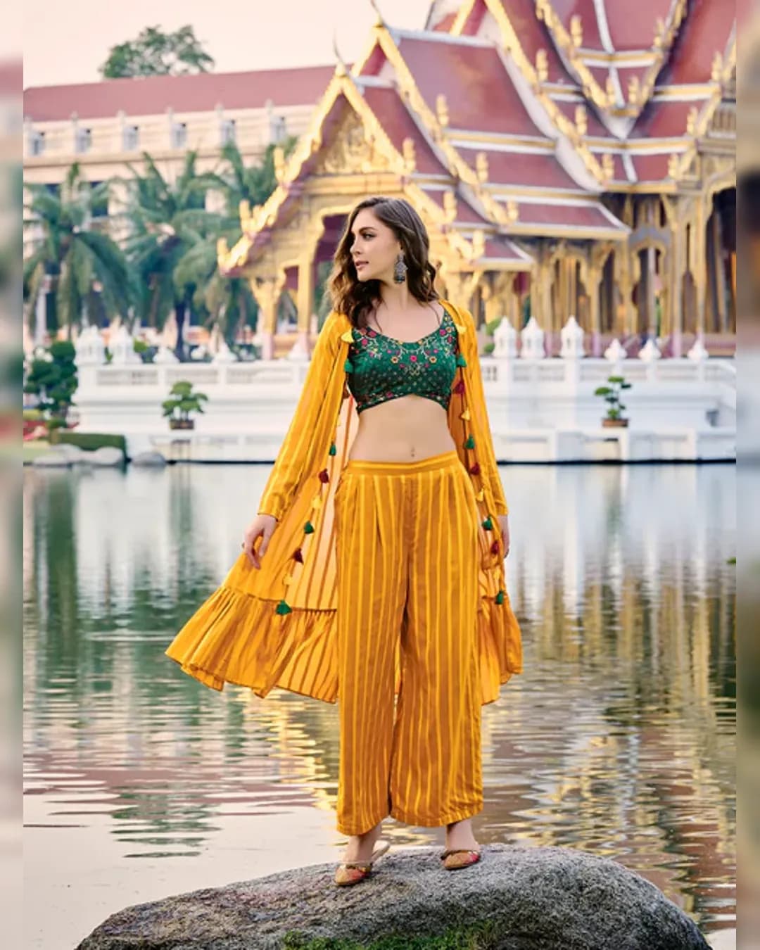 Yellow Embroidered Chinon Choli with Weaving Georgette Koti & Palazzo Set alternate view