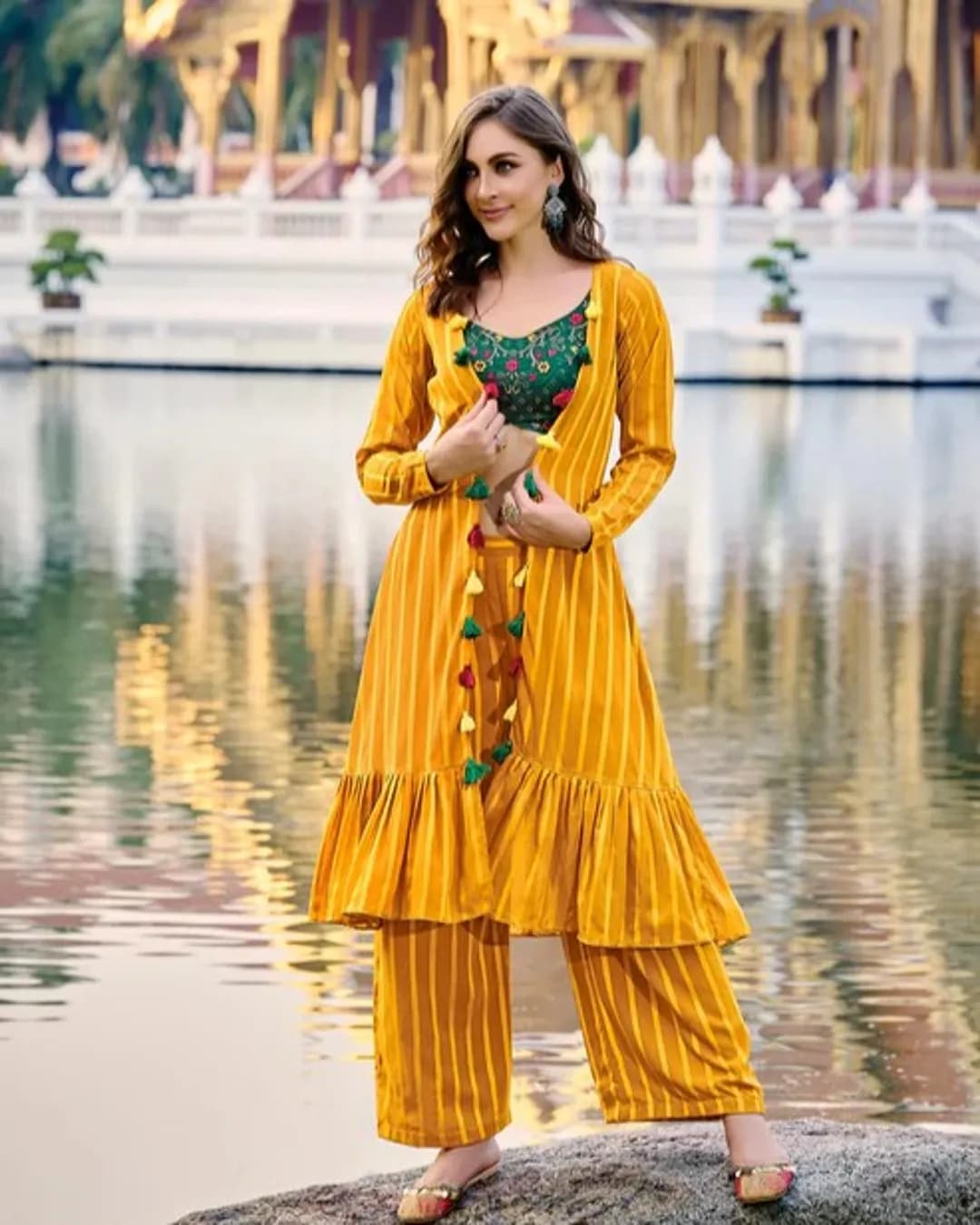 Yellow Embroidered Chinon Choli with Weaving Georgette Koti & Palazzo Set