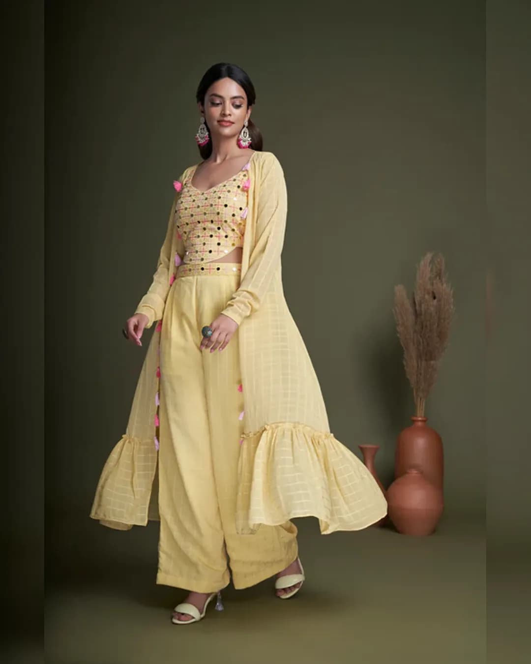 Traditional Yellow Embroidered Choli with Weaving Georgette Koti & Belted Palazzo Set alternate view