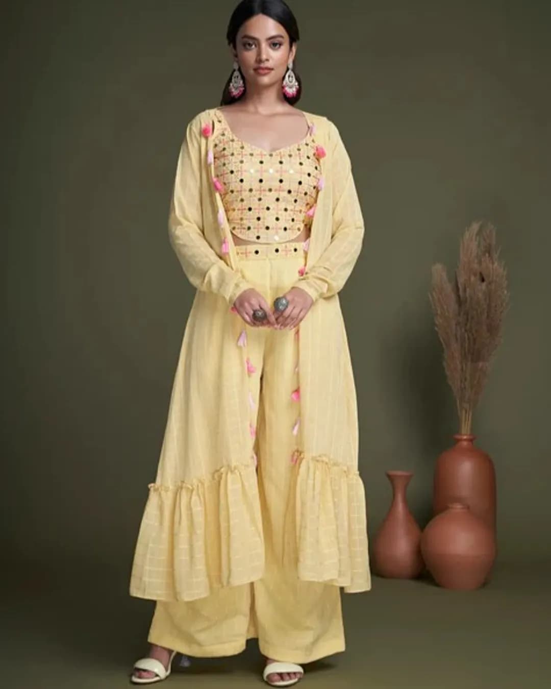 Traditional Yellow Embroidered Choli with Weaving Georgette Koti & Belted Palazzo Set