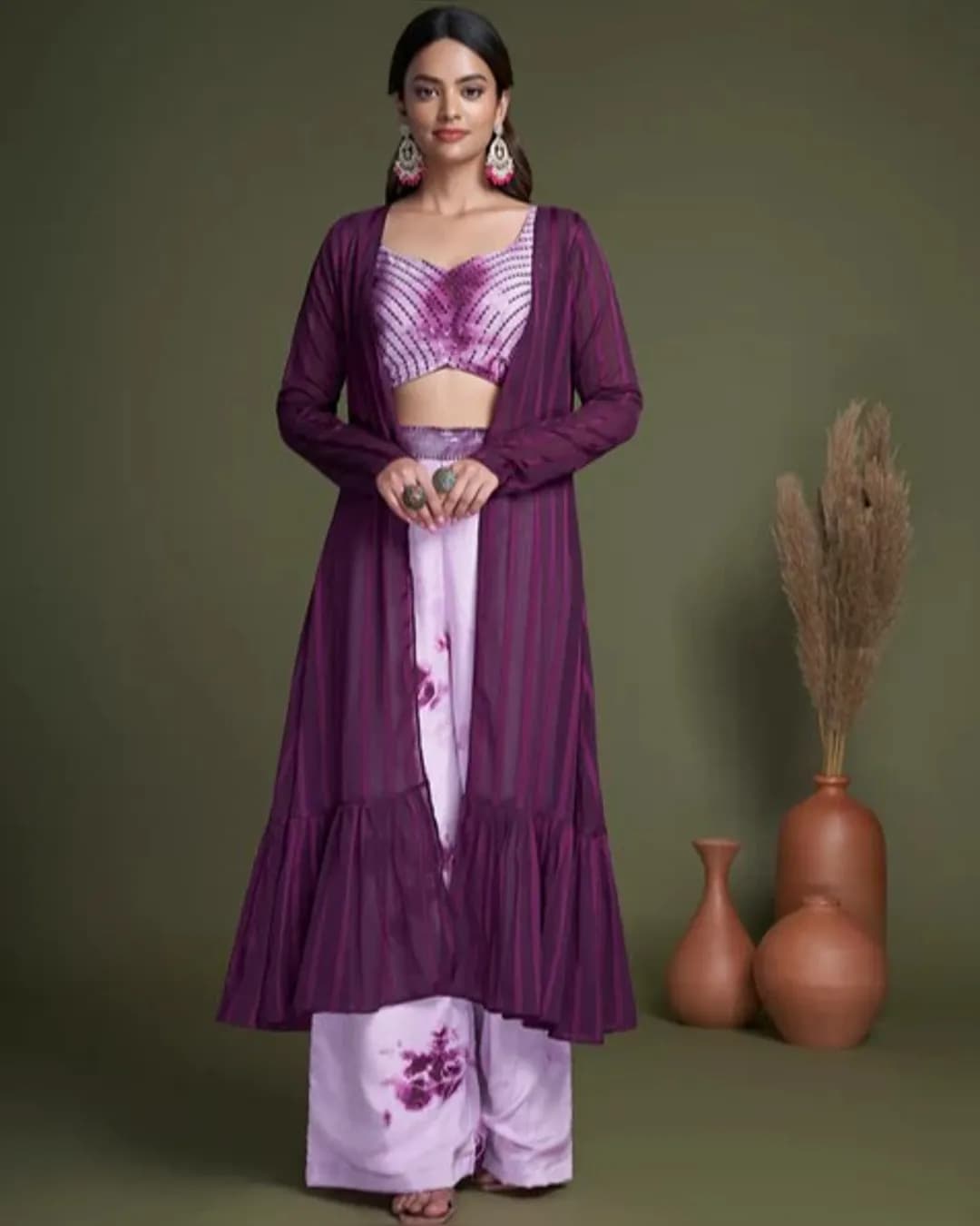 Lavender Embroidered Silk Choli Palazzo with Georgette Koti – Festive Wear Set