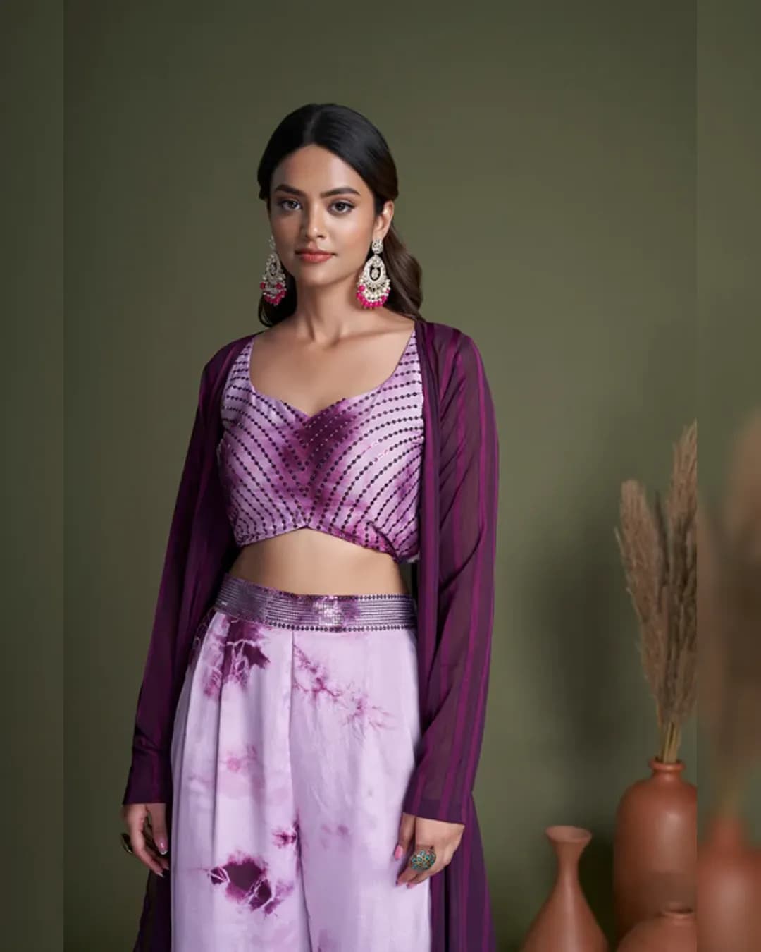 Lavender Embroidered Silk Choli Palazzo with Georgette Koti – Festive Wear Set alternate view