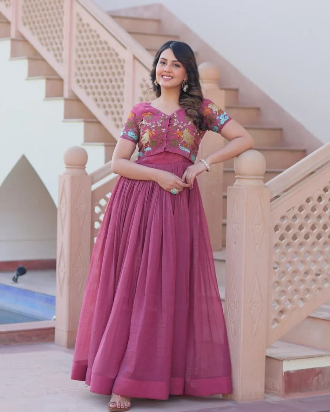 Designer Silver Crunchy Fabric Gown with Embroidered Koti 🌸