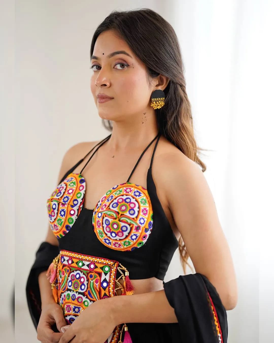 Heavy Rayon Lehenga Choli Set with Gamthi Thread Work, Real Mirror & Tassels alternate view