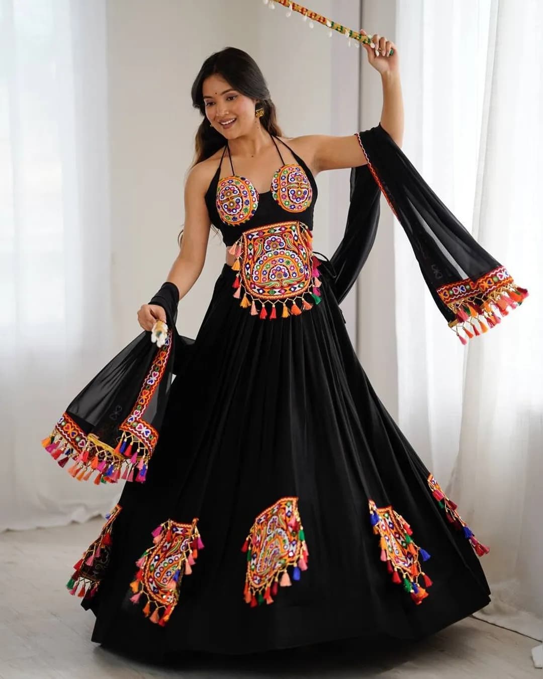 Heavy Rayon Lehenga Choli Set with Gamthi Thread Work, Real Mirror & Tassels