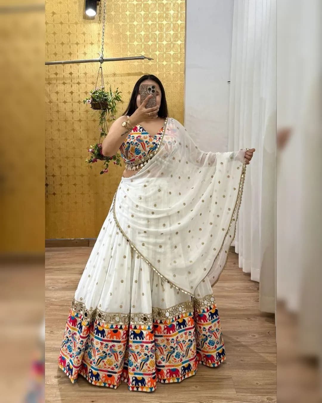 White Georgette Navratri Lehenga with Colorful Digital Print & Real Mirror Work – 4 Mtr Flair alternate view