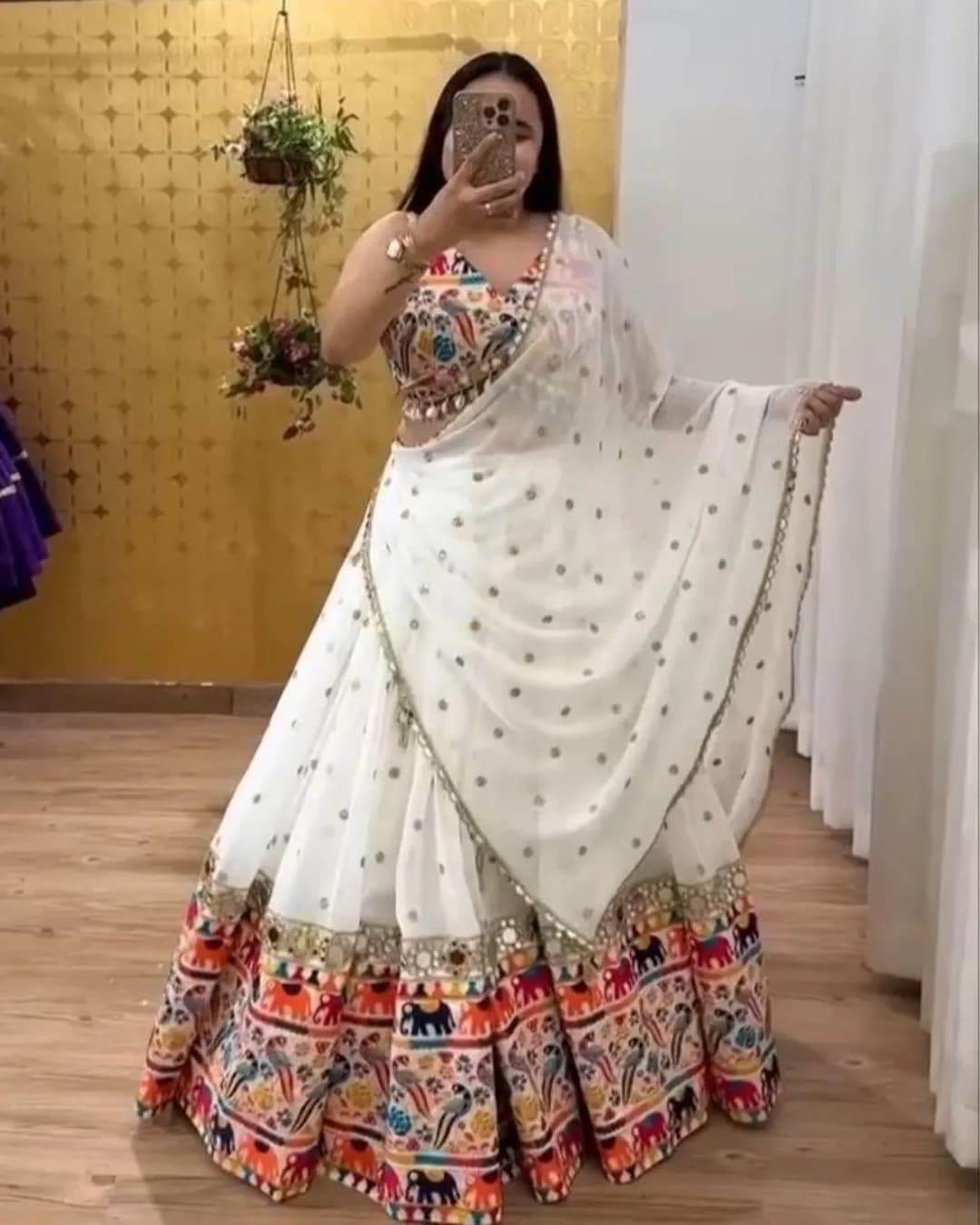 White Georgette Navratri Lehenga with Colorful Digital Print & Real Mirror Work – 4 Mtr Flair