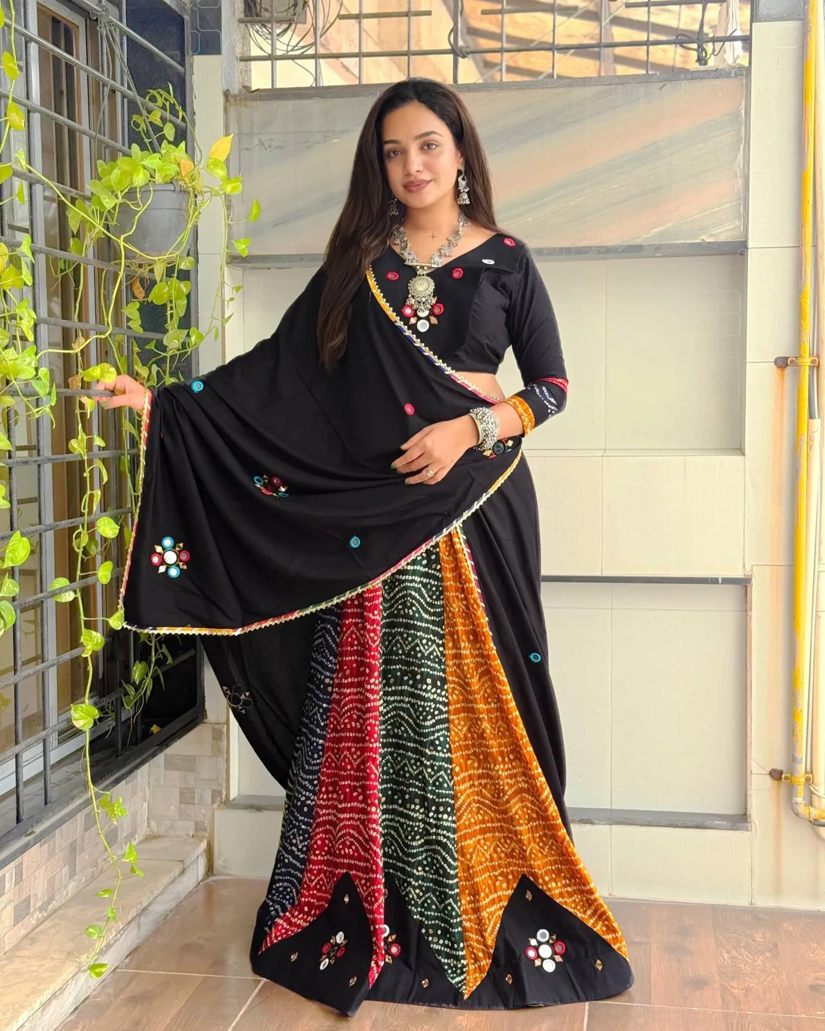 Navratri Special Ras Garba Lehenga Set | Pure Rayon Bandhej Print with Real Mirror Work