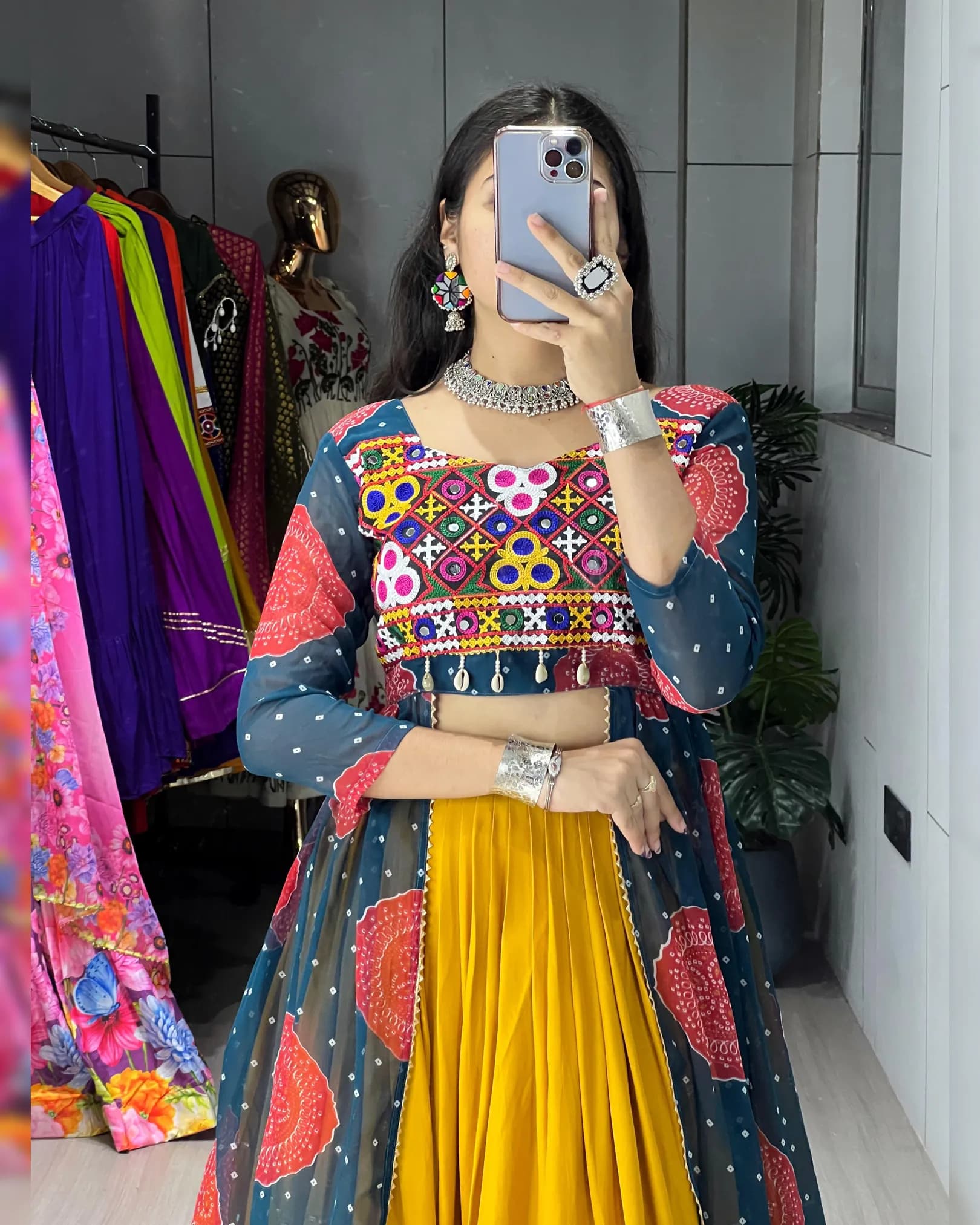 Colorful Bandhani Printed Kurti with Mustard Rayon Lehenga Set alternate view