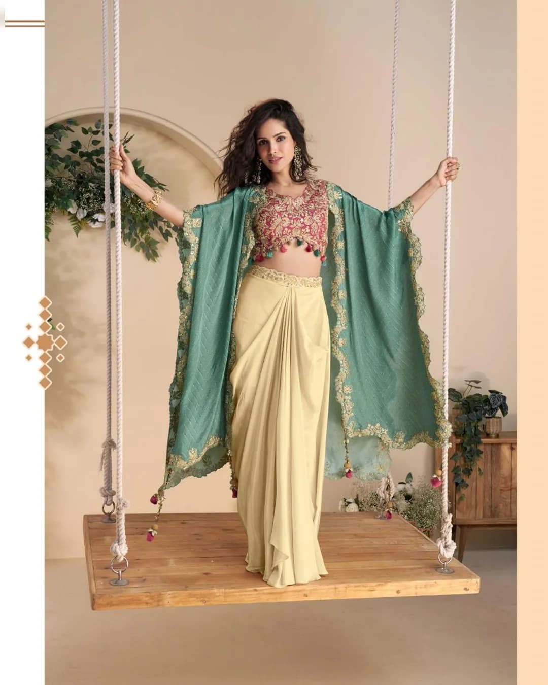 WONAYA 10050 – Elegant Green & Beige Real Chinon Silk Embroidered Shrug Set