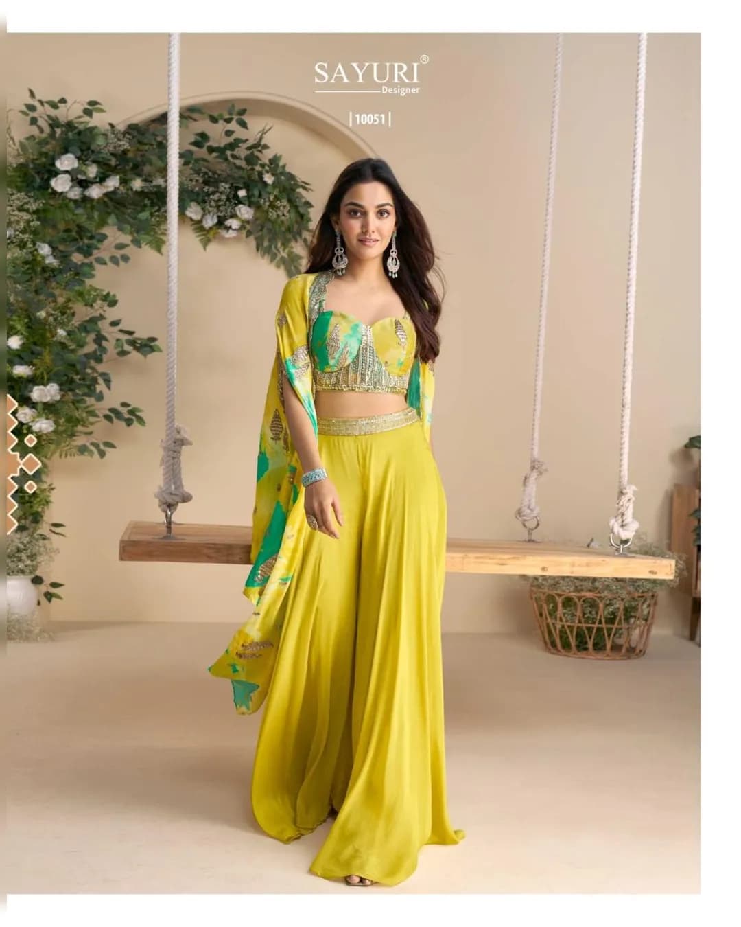 WONAYA 10051 – Vibrant Yellow & Green Real Chinon Silk Designer Plazzo Set