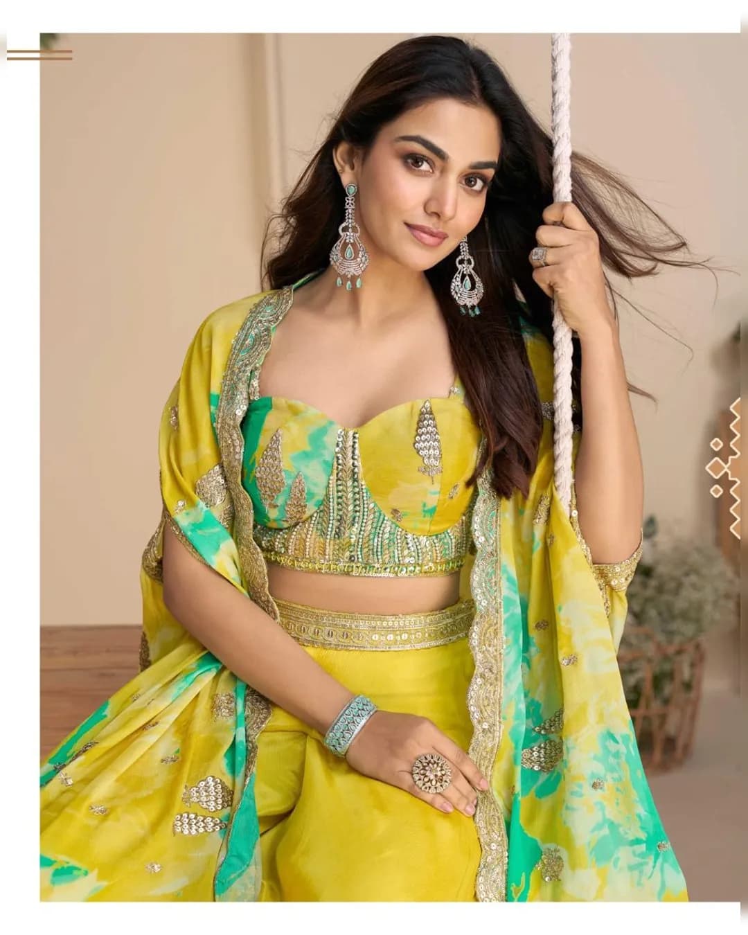 WONAYA 10051 – Vibrant Yellow & Green Real Chinon Silk Designer Plazzo Set alternate view