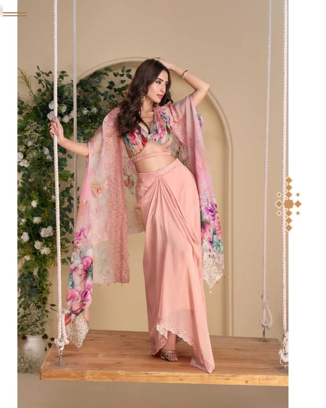 WONAYA 10052 – Soft Peach Floral Embroidered Real Chinon Silk Drape Set