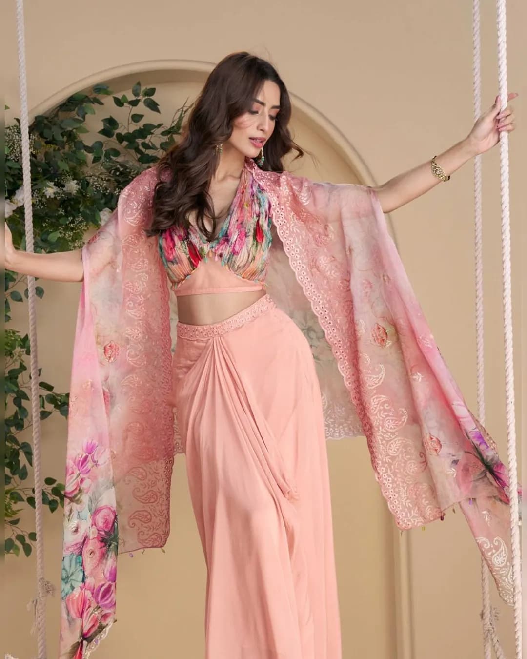 WONAYA 10052 – Soft Peach Floral Embroidered Real Chinon Silk Drape Set alternate view