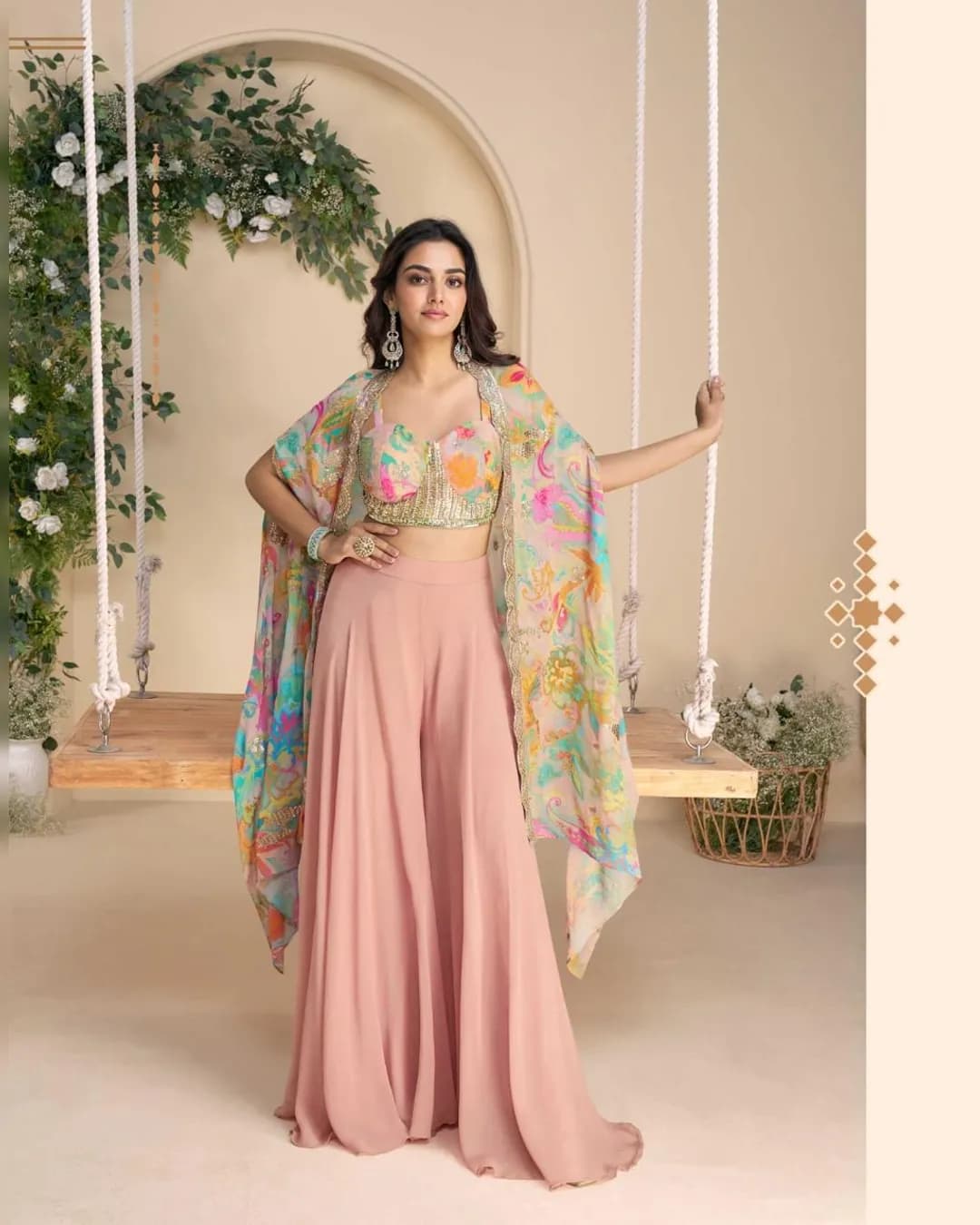 WONAYA 10053 – Pastel Pink Real Chinon Silk Embroidered Plazzo Set