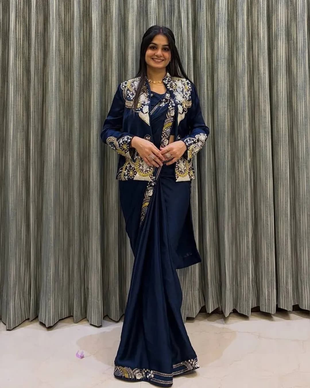 Designer French Crepe Lehenga Saree with Long Blouse & Embroidered Koti