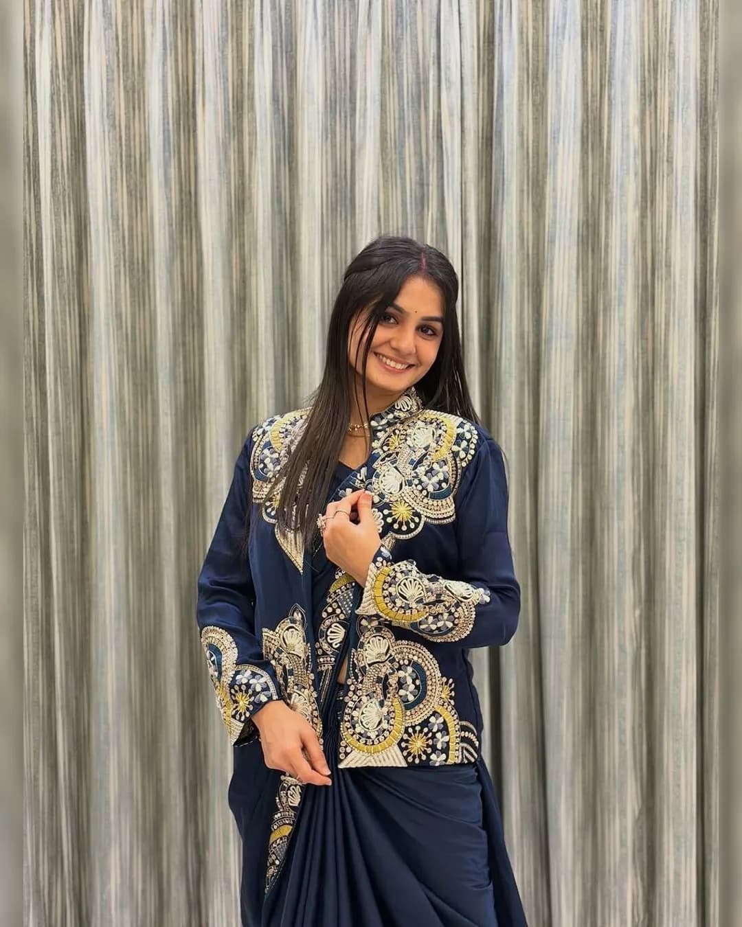 Designer French Crepe Lehenga Saree with Long Blouse & Embroidered Koti alternate view